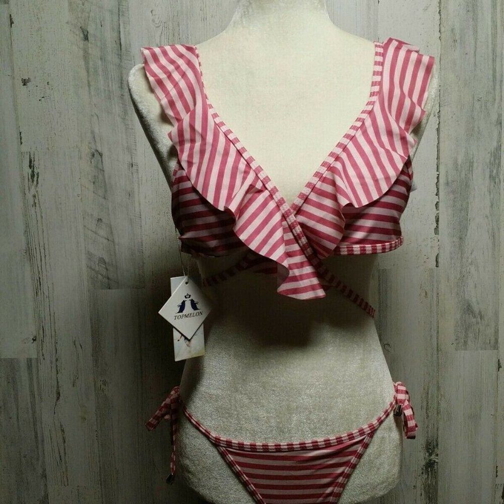 NWT Top Melon Pink Striped Bikini